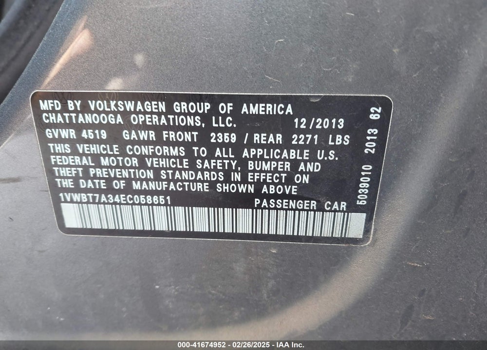2014 VOLKSWAGEN PASSAT VIN: 1VWBT7A34EC058651