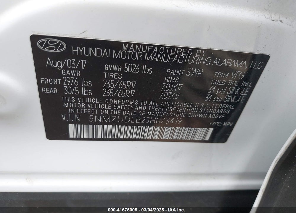 2018 HYUNDAI SANTA FE SPORT VIN: 5NMZUDLB2JH073419
