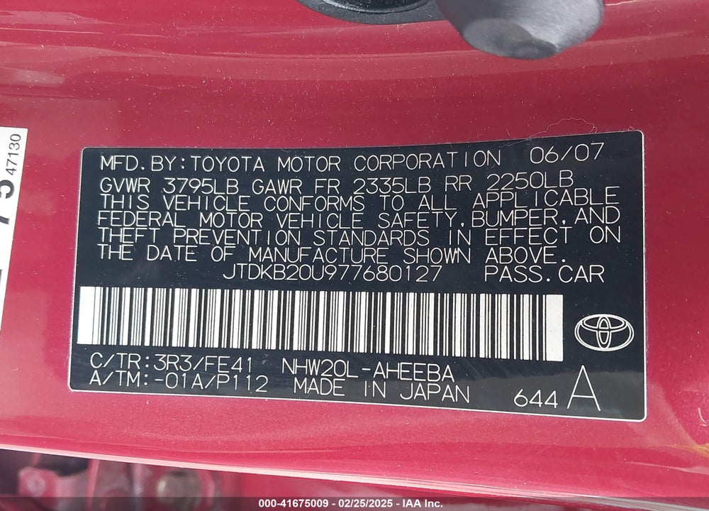2007 TOYOTA PRIUS VIN: JTDKB20U977680127