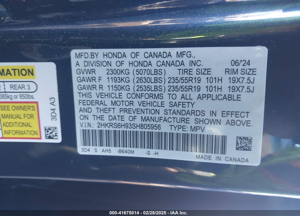 2025 HONDA CR-V HYBRID SPORT TOURING VIN: 2HKRS6H93SH805956