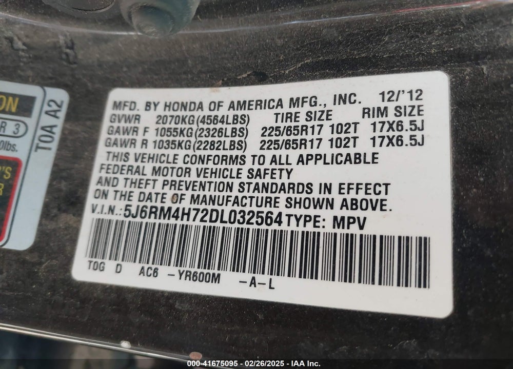2013 HONDA CR-V EX-L VIN: 5J6RM4H72DL032564