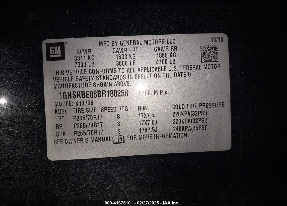 2011 CHEVROLET TAHOE LT VIN: 1GNSKBE08BR180258