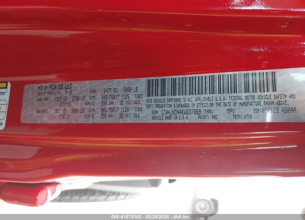 2019 JEEP WRANGLER UNLIMITED VIN: 1C4HJXDN4KW637889