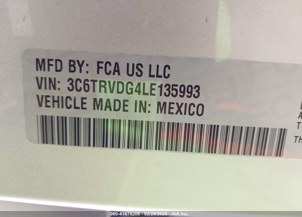 2020 RAM PROMASTER 2500 HIGH ROOF 159 WB VIN: 3C6TRVDG4LE135993