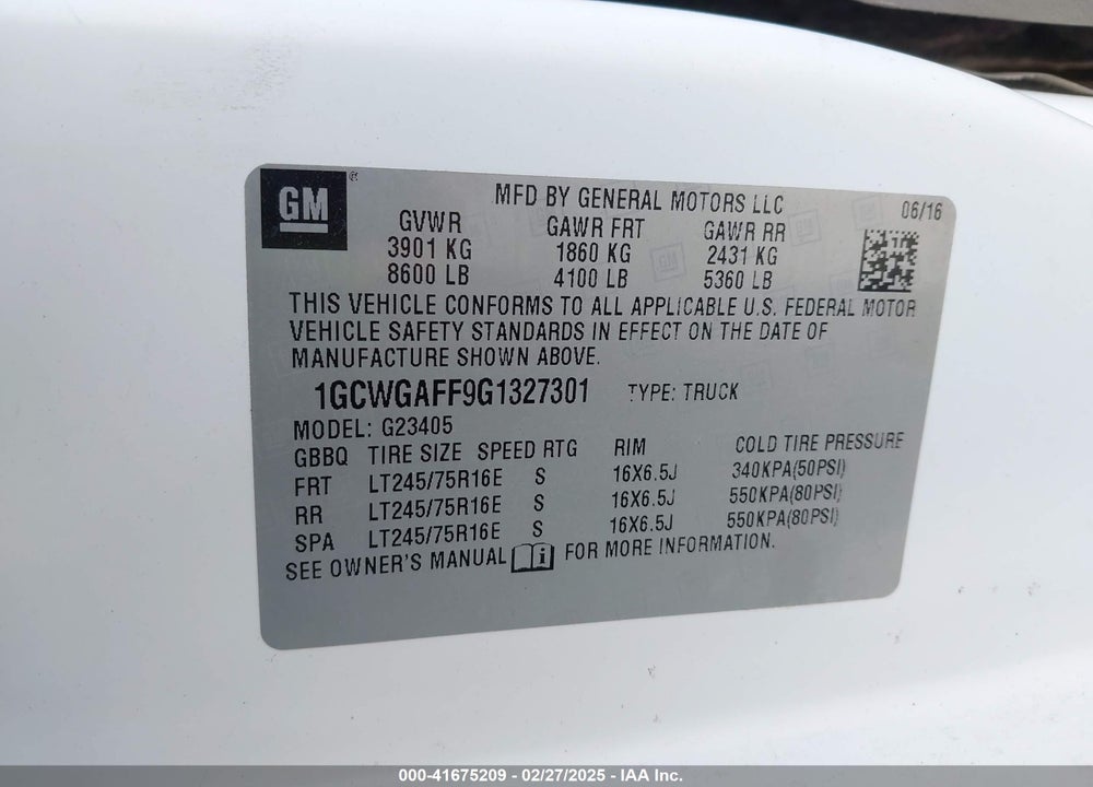 2016 CHEVROLET EXPRESS G2500 VIN: 1GCWGAFF9G1327301