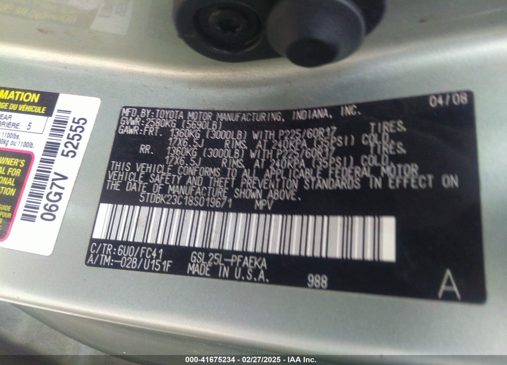 2008 TOYOTA SIENNA LE VIN: 5TDBK23C18S019671