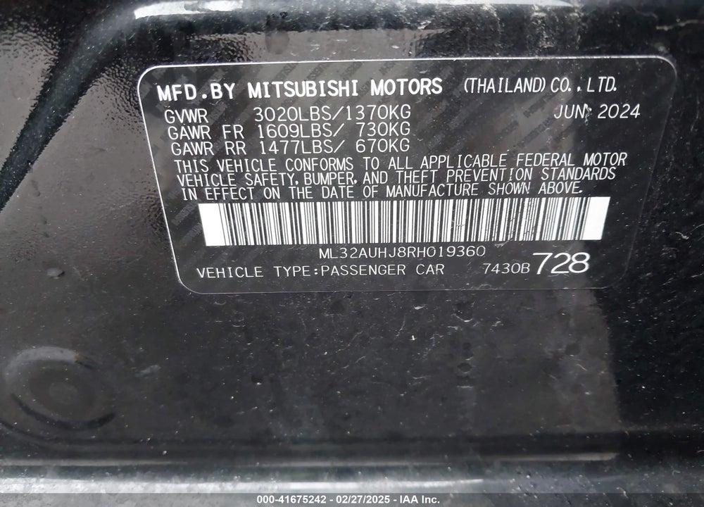 2024 MITSUBISHI MIRAGE VIN: ML32AUHJ8RH019360