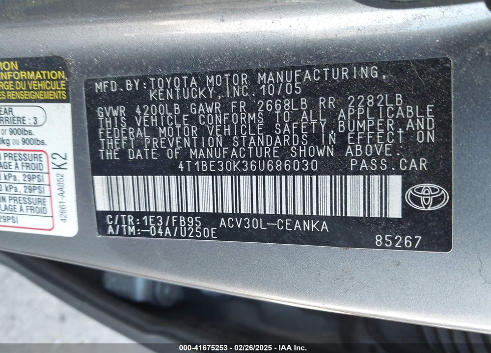 2006 TOYOTA CAMRY VIN: 4T1BE30K36U686030