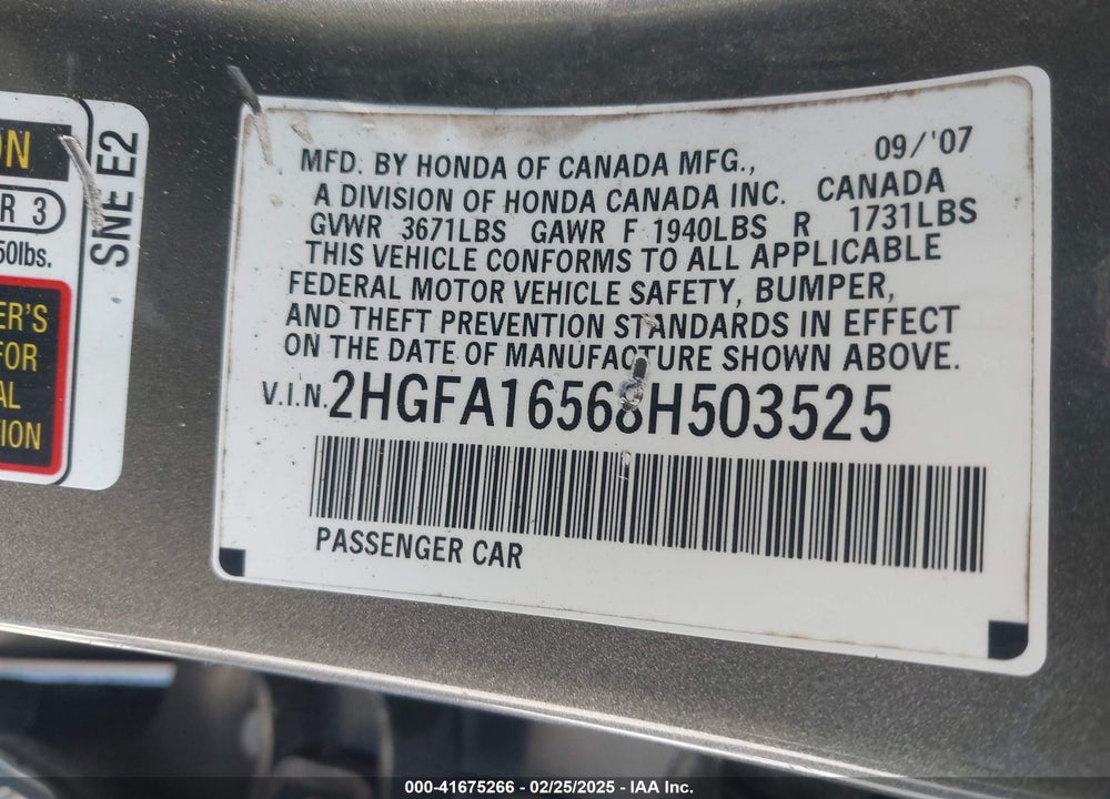 2008 HONDA CIVIC VIN: 2HGFA16568H503525