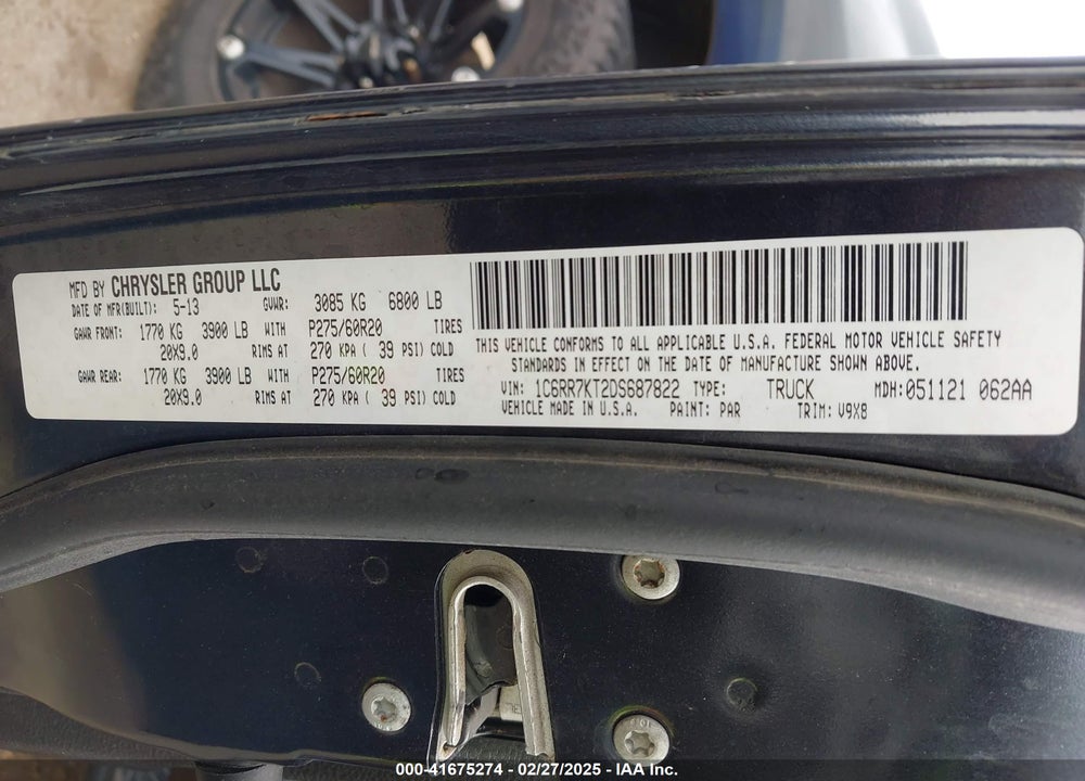 2013 RAM 1500 VIN: 1C6RR7KT2DS687822