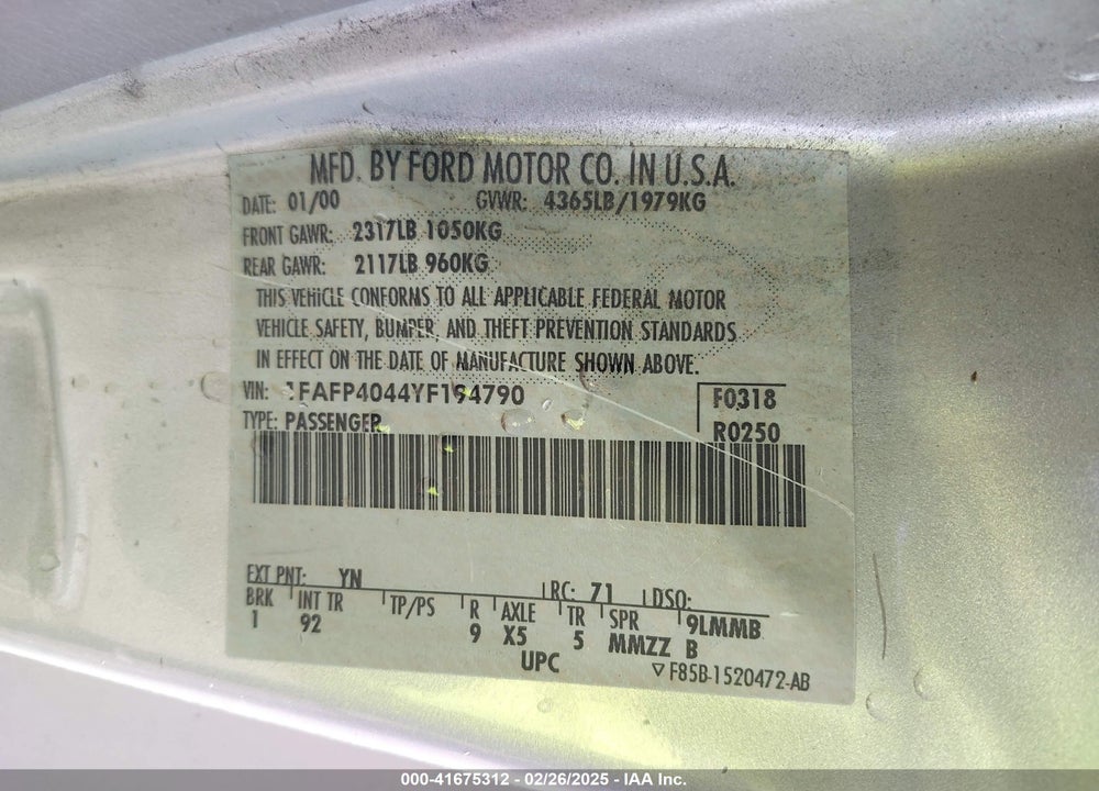 2000 FORD MUSTANG VIN: 1FAFP4044YF194790