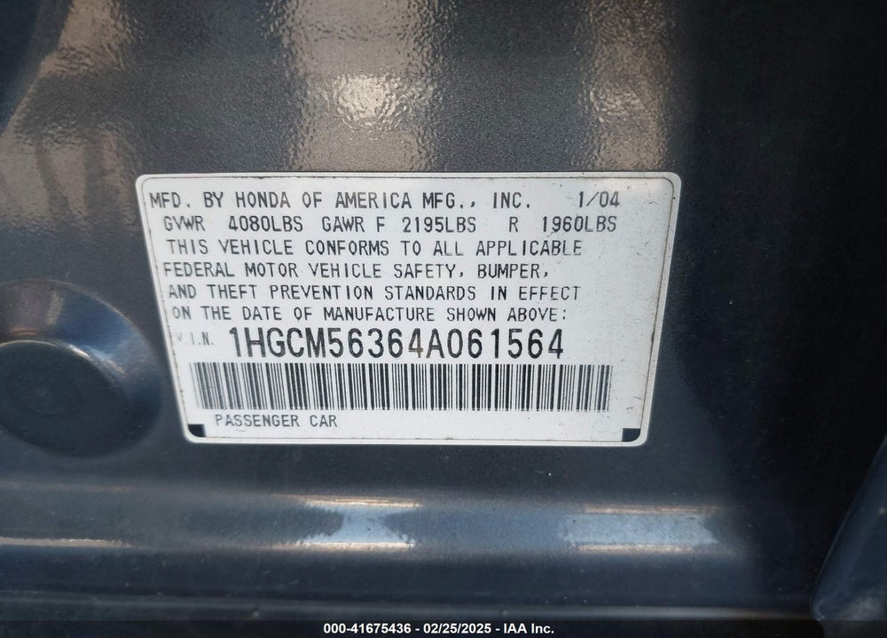 2004 HONDA ACCORD 2.4 LX VIN: 1HGCM56364A061564