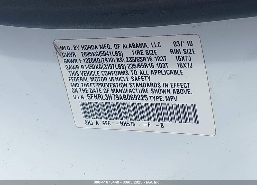 2010 HONDA ODYSSEY EX-L VIN: 5FNRL3H79AB069225