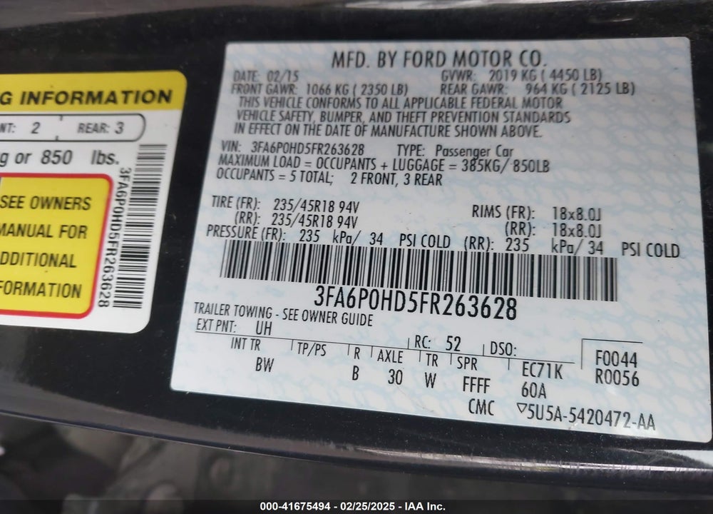 2015 FORD FUSION VIN: 3FA6P0HD5FR263628