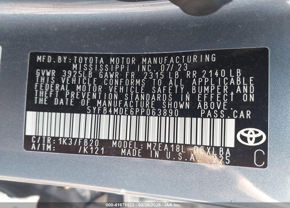 2023 TOYOTA COROLLA VIN: 5YFB4MDE6PP063890