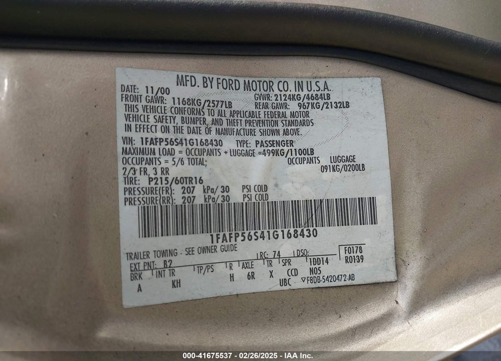 2001 FORD TAURUS SEL VIN: 1FAFP56S41G168430