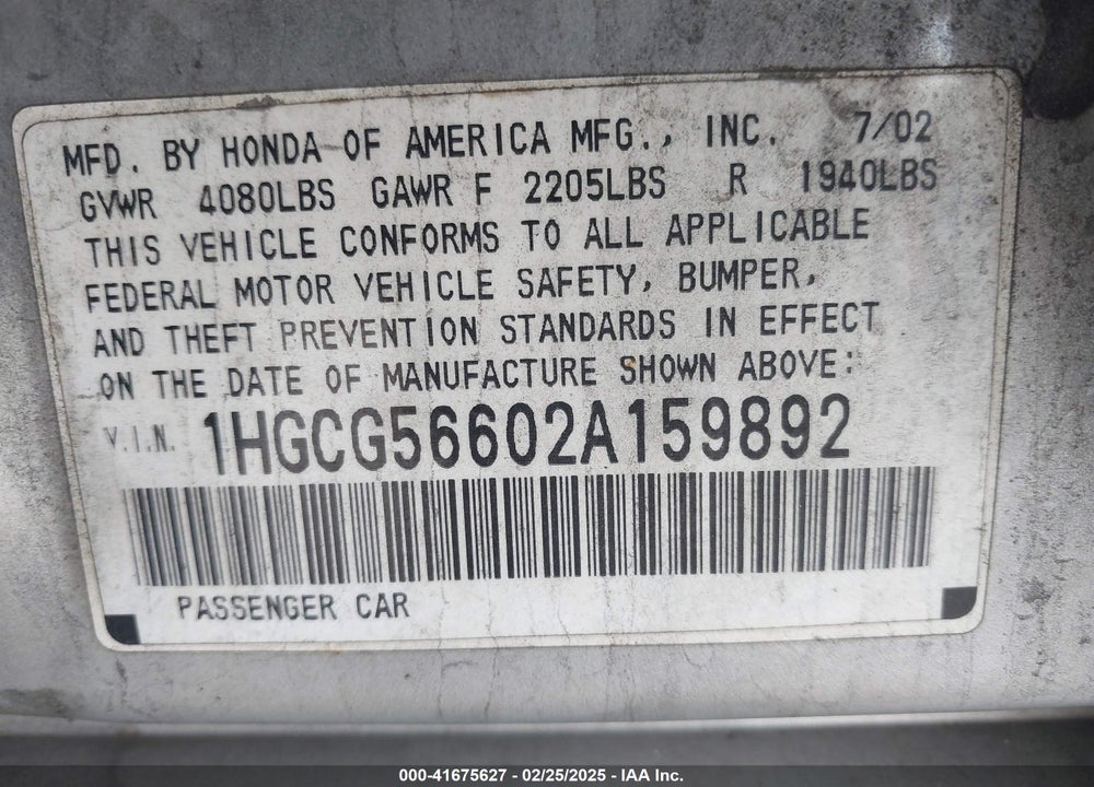 2002 HONDA ACCORD 2.3 EX VIN: 1HGCG56602A159892