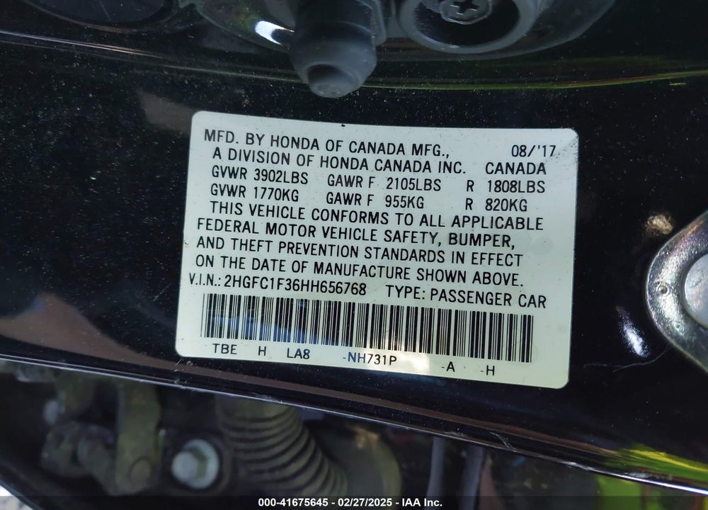 2017 HONDA CIVIC VIN: 2HGFC1F36HH656768