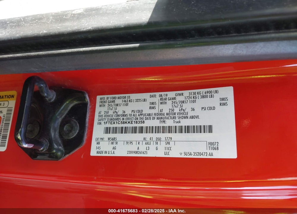 2019 FORD F-150 VIN: 1FTEX1C58KKE18358