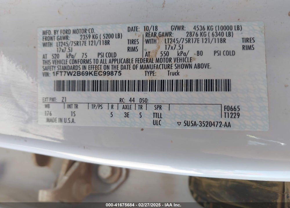 2019 FORD F-250 VIN: 1FT7W2B69KEC99875