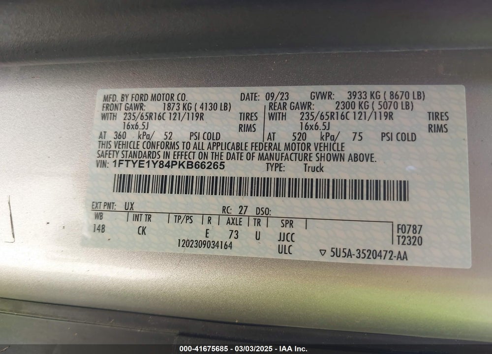 2023 FORD TRANSIT-150 VIN: 1FTYE1Y84PKB66265