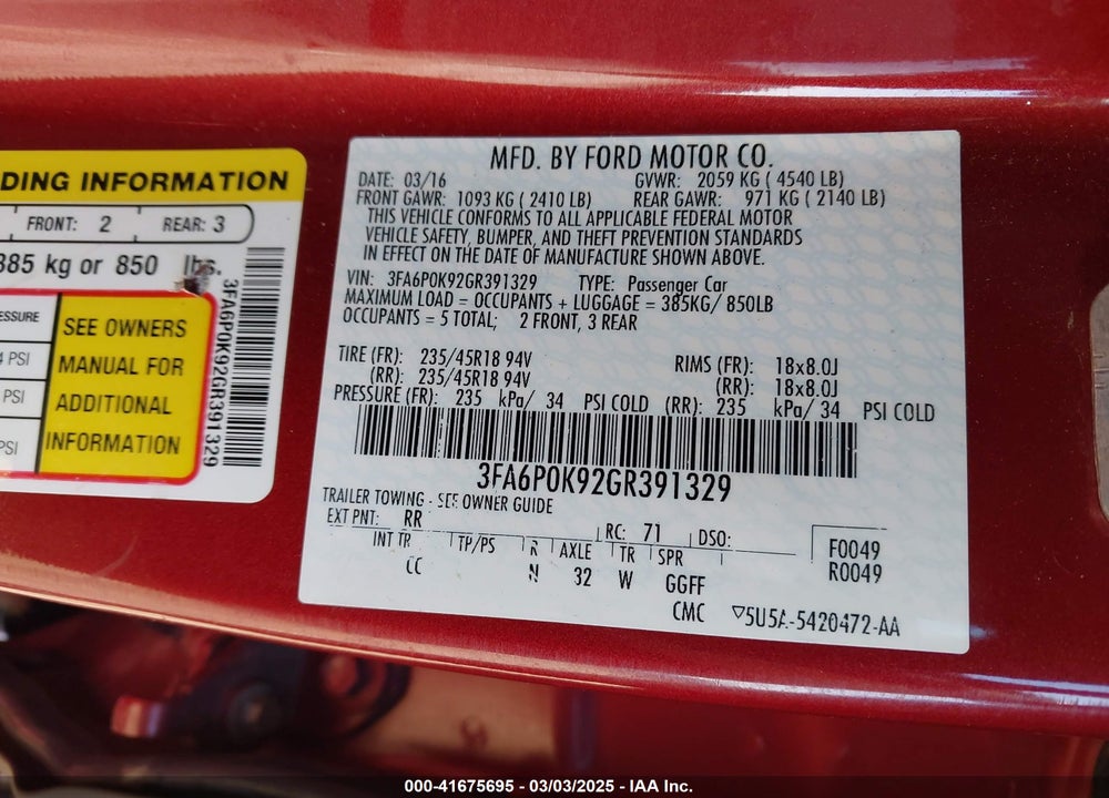 2016 FORD FUSION TITANIUM VIN: 3FA6P0K92GR391329