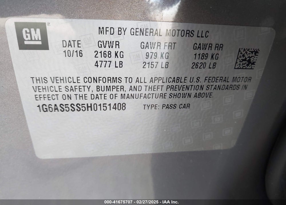 2017 CADILLAC CTS PREMIUM LUXURY VIN: 1G6AS5SS5H0151408
