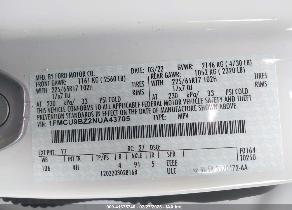 2022 FORD ESCAPE SE HYBRID VIN: 1FMCU9BZ2NUA43705