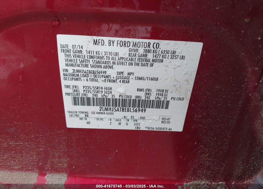 2014 LINCOLN MKT VIN: 2LMHJ5AT8EBL56949