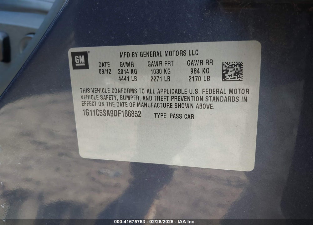 2013 CHEVROLET MALIBU VIN: 1G11C5SA9DF166852