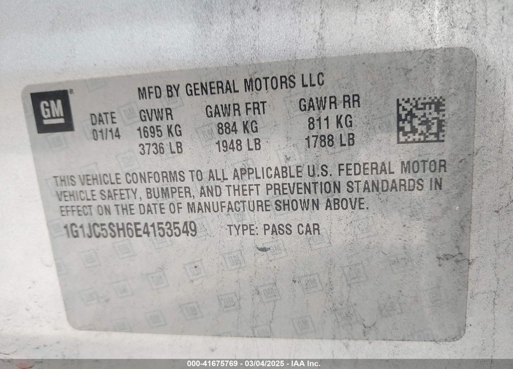 2014 CHEVROLET SONIC LT AUTO VIN: 1G1JC5SH6E4153549