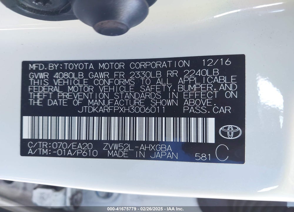 2017 TOYOTA PRIUS PRIME VIN: JTDKARFPXH3006011