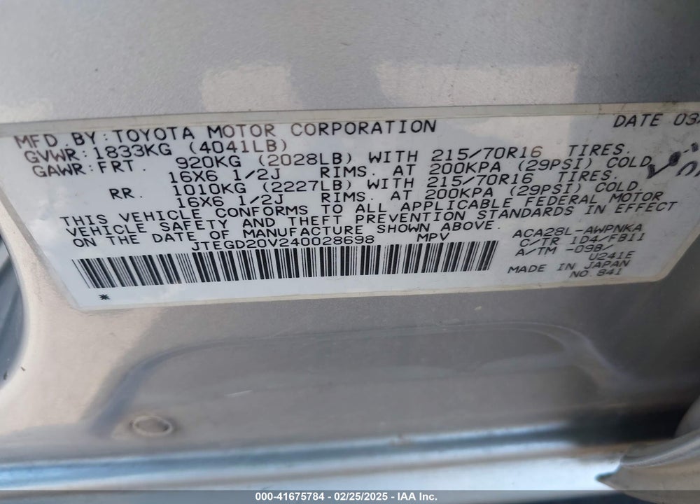2004 TOYOTA RAV4 VIN: JTEGD20V240028698