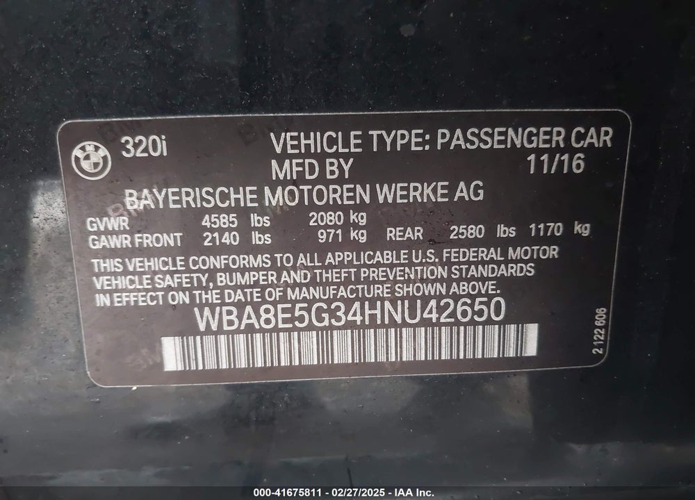 2017 BMW 320I VIN: WBA8E5G34HNU42650