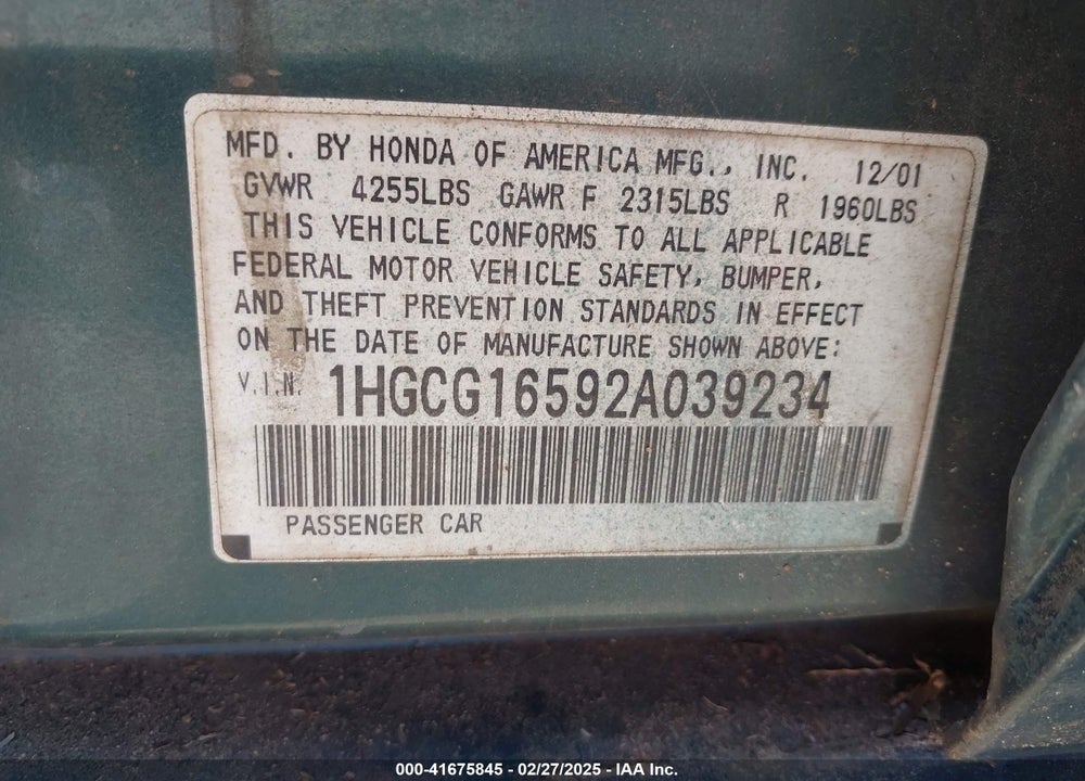 2002 HONDA ACCORD 3.0 EX VIN: 1HGCG16592A039234