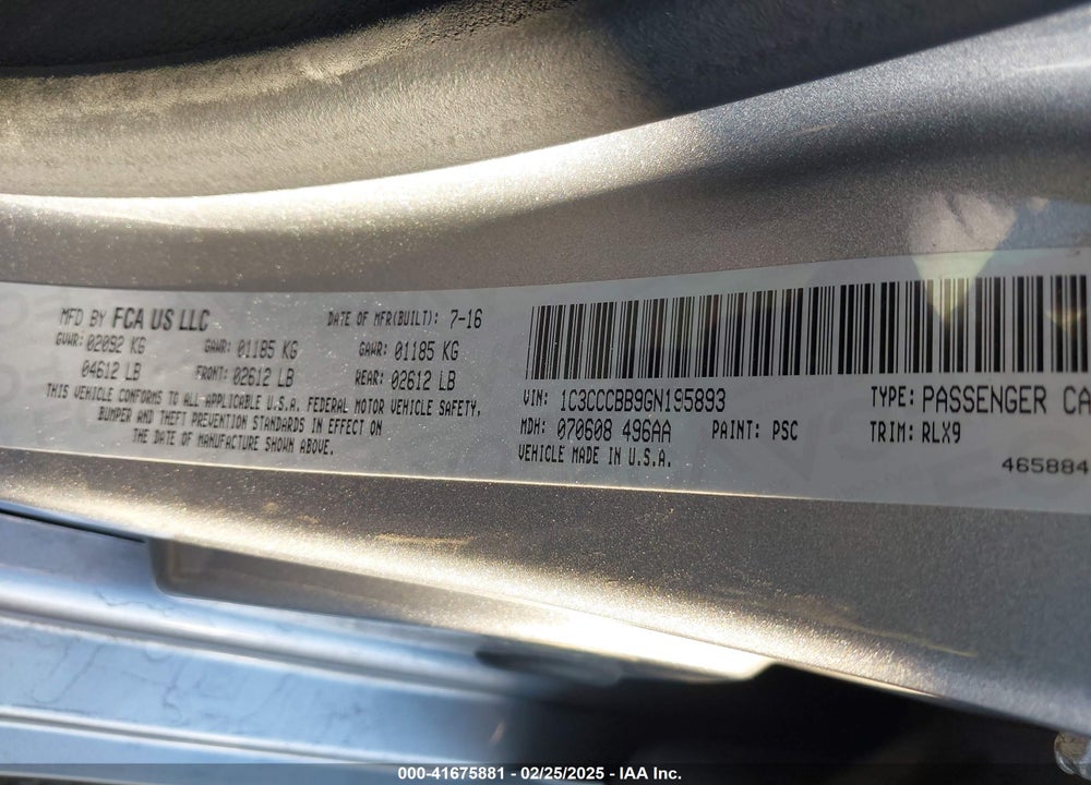 2016 CHRYSLER 200 VIN: 1C3CCCBB9GN195893