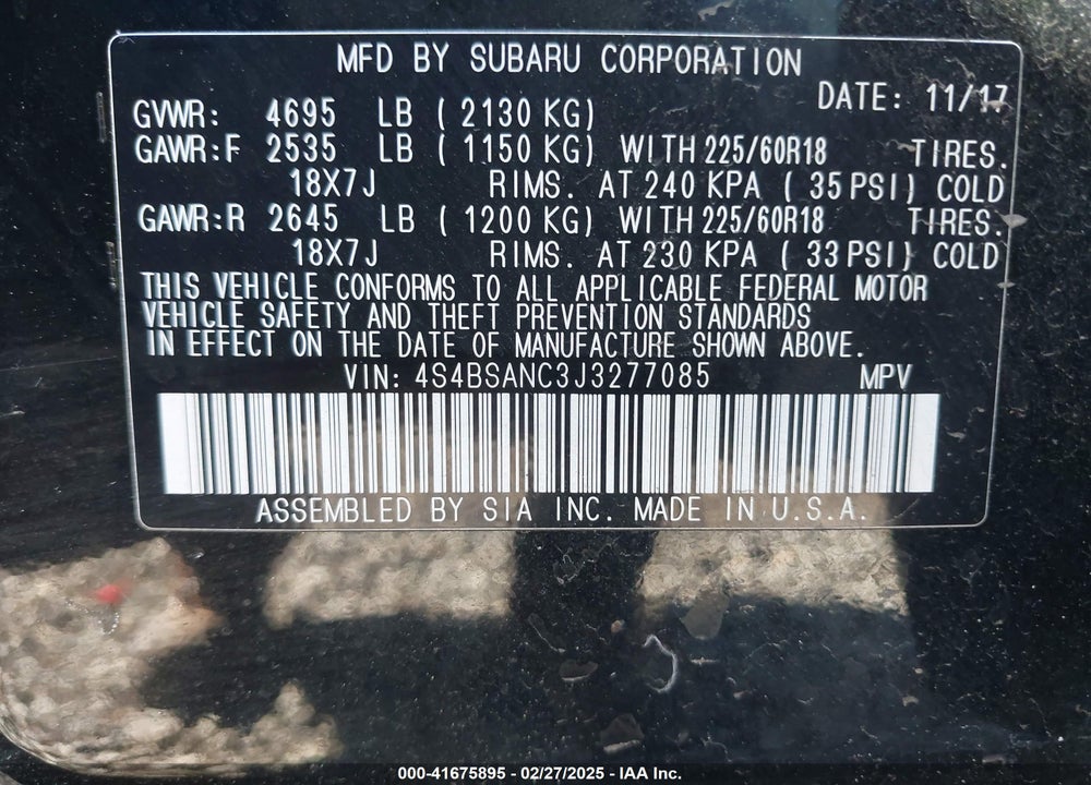 2018 SUBARU OUTBACK VIN: 4S4BSANC3J3277085
