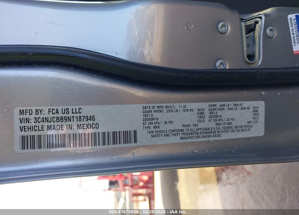 2022 JEEP COMPASS VIN: 3C4NJCBB9NT187946