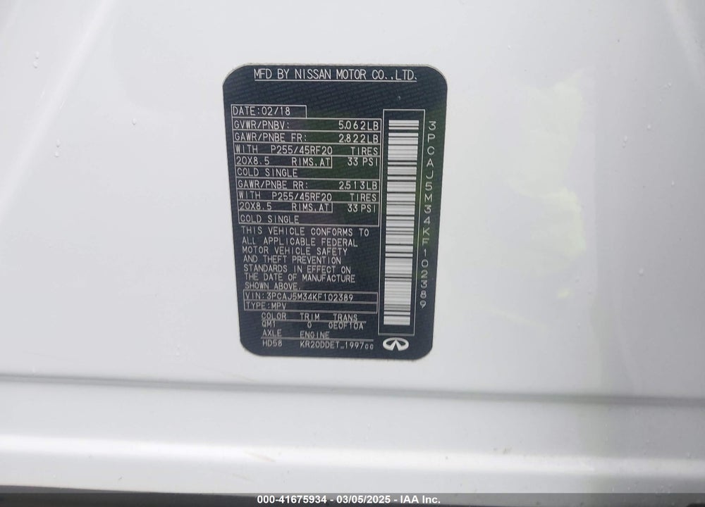 2019 INFINITI QX50 ESSENTIAL VIN: 3PCAJ5M34KF102389