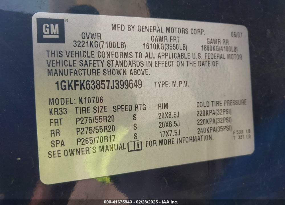 2007 GMC YUKON DENALI VIN: 1GKFK63857J399649