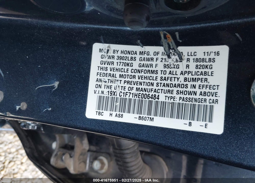 2017 HONDA CIVIC VIN: 19XFC1F71HE006484