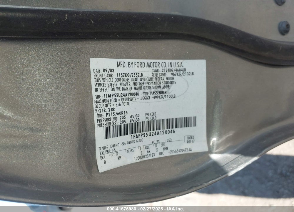 2004 FORD TAURUS SES VIN: 1FAFP55U24A120046