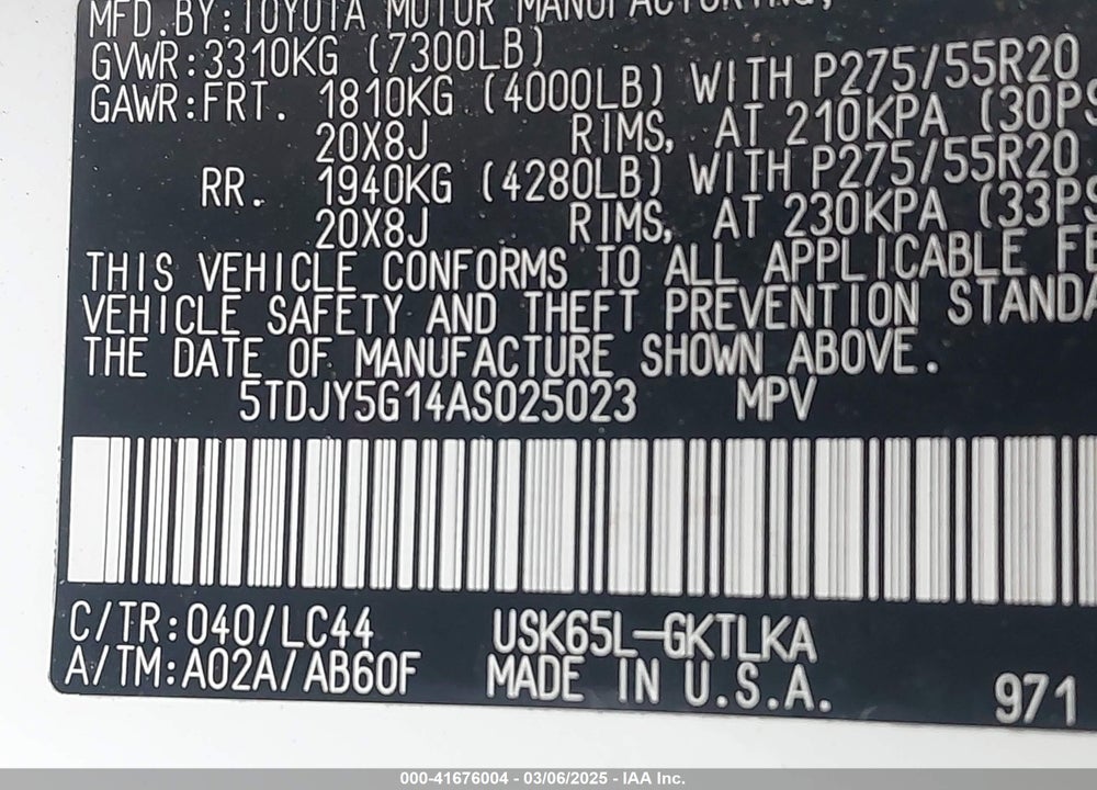 2010 TOYOTA SEQUOIA LIMITED 5.7L V8 VIN: 5TDJY5G14AS025023