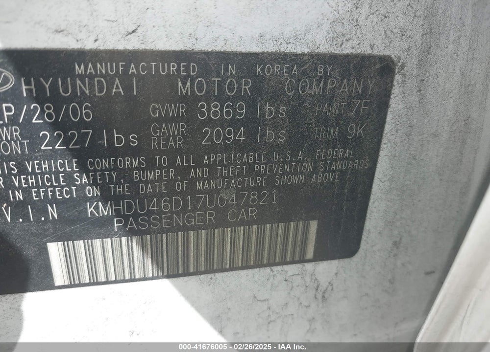 2007 HYUNDAI ELANTRA VIN: KMHDU46D17U047821