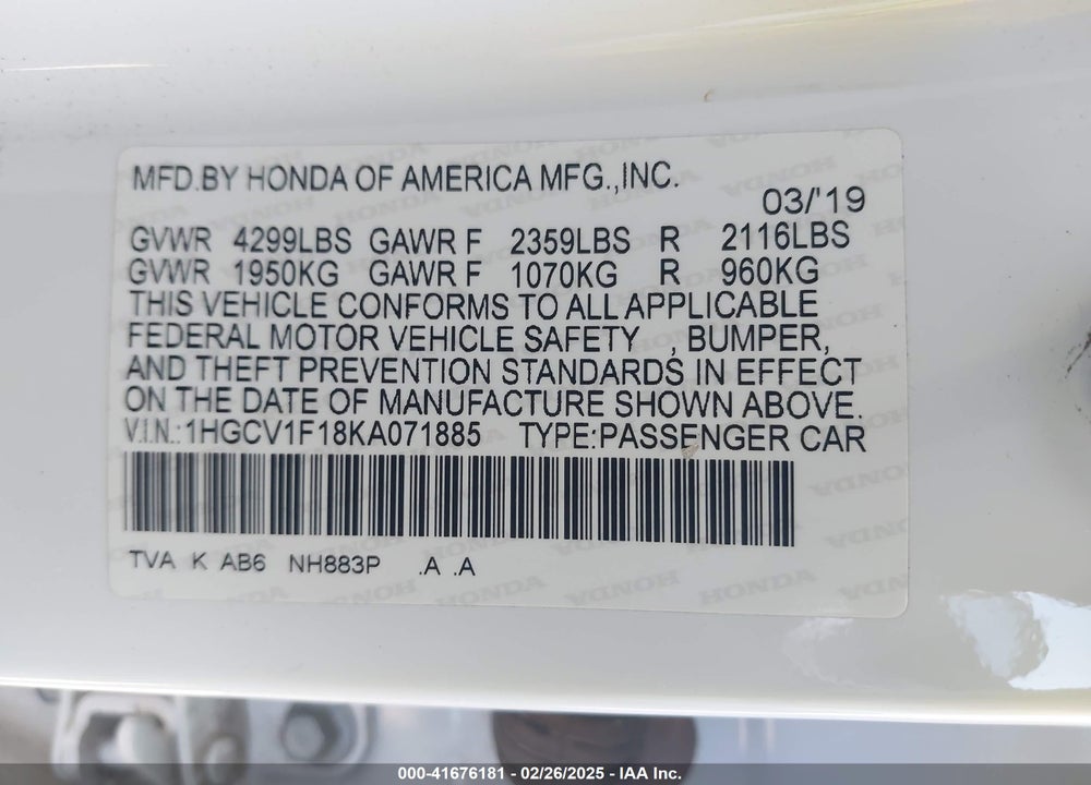 2019 HONDA ACCORD VIN: 1HGCV1F18KA071885