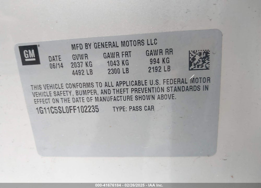 2015 CHEVROLET MALIBU 1LT VIN: 1G11C5SL0FF102235