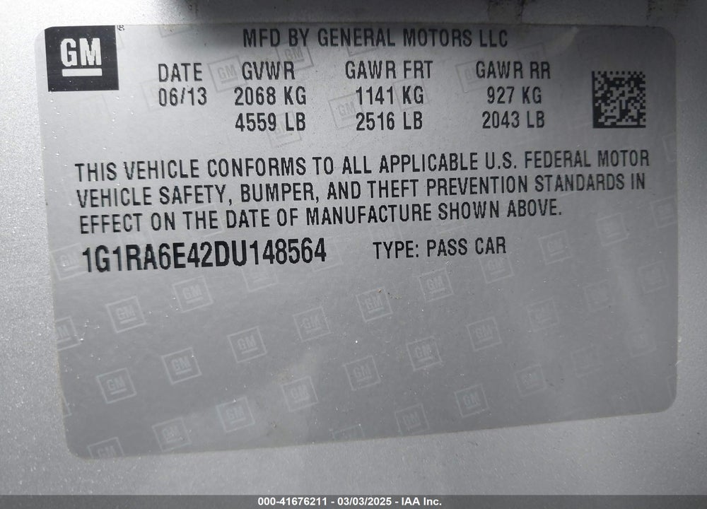 2013 CHEVROLET VOLT VIN: 1G1RA6E42DU148564