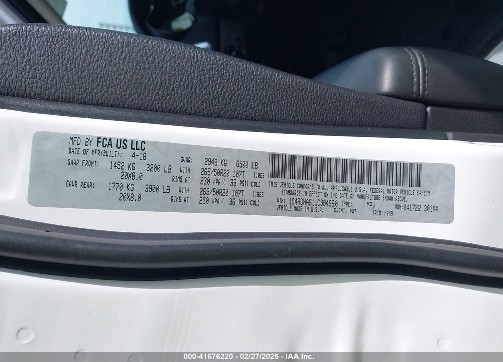 2018 DODGE DURANGO VIN: 1C4RDHAG1JC384960