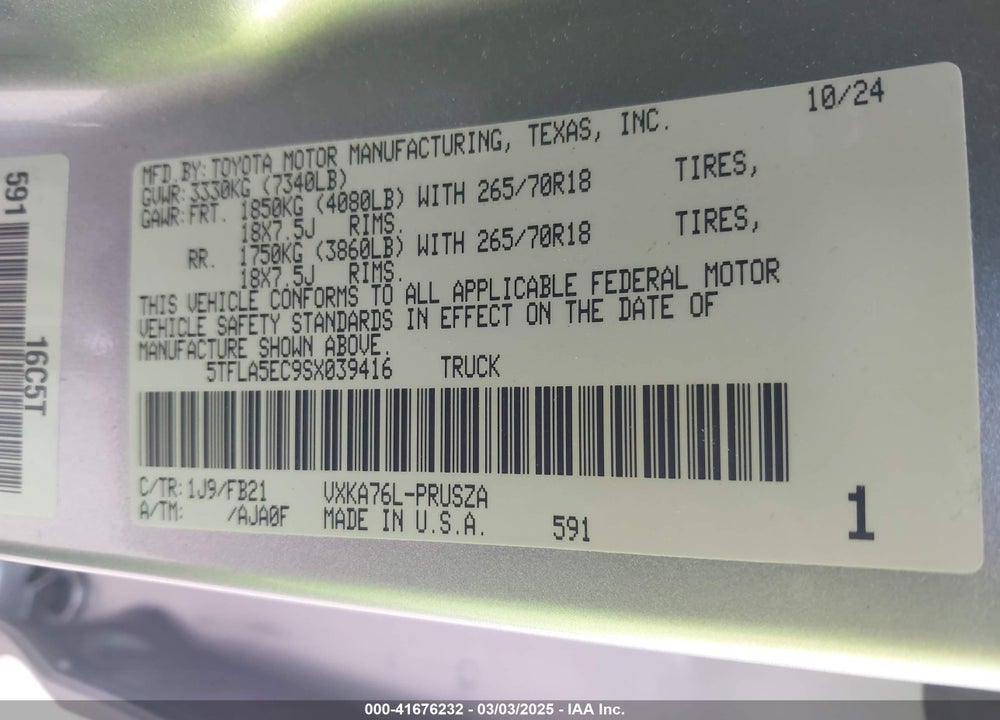 2025 TOYOTA TUNDRA SR5 4WD VIN: 5TFLA5EC9SX039416