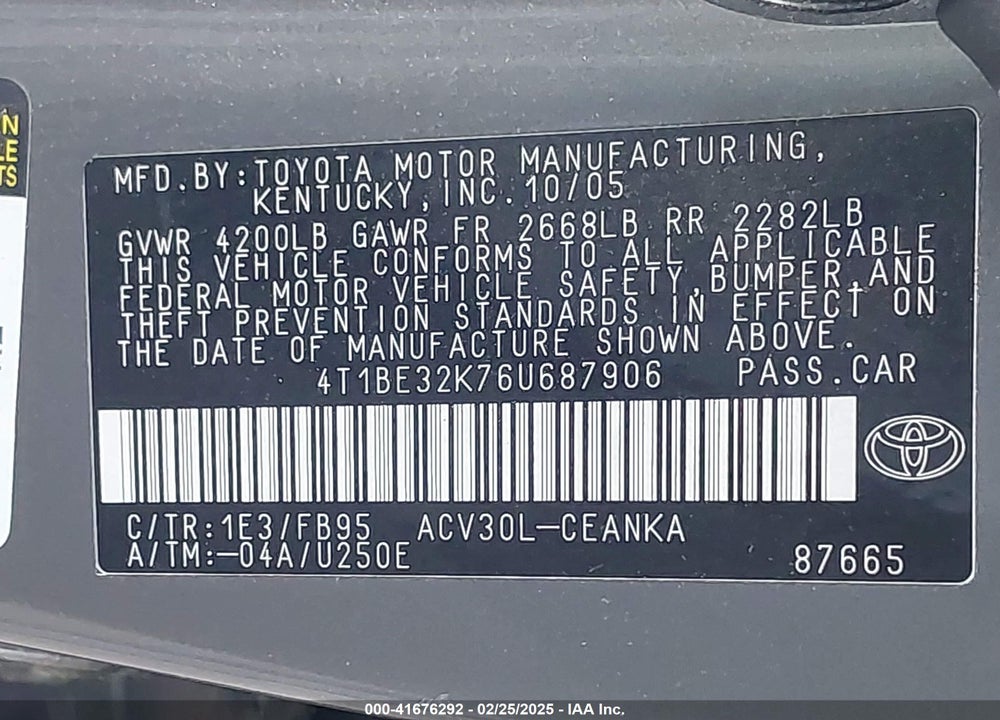 2006 TOYOTA CAMRY VIN: 4T1BE32K76U687906